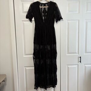 Fairygoth black lace maxi dress v neck with shorts side slits Elegant Boho